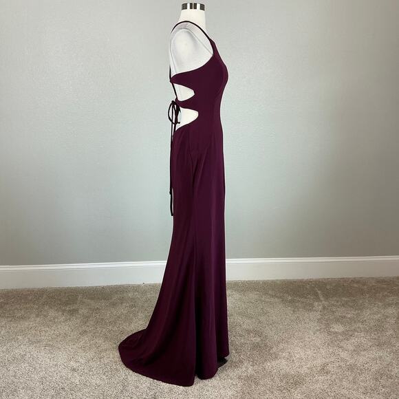 Avery G Backless Halter Evening Gown Wine Red Size 6 Sleeveless Thigh Slit Dress - Picture 4 of 14